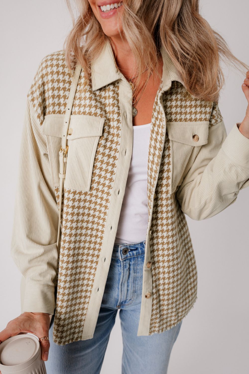 Houndstooth Button Up Long Sleeve Jacket - Beige / S