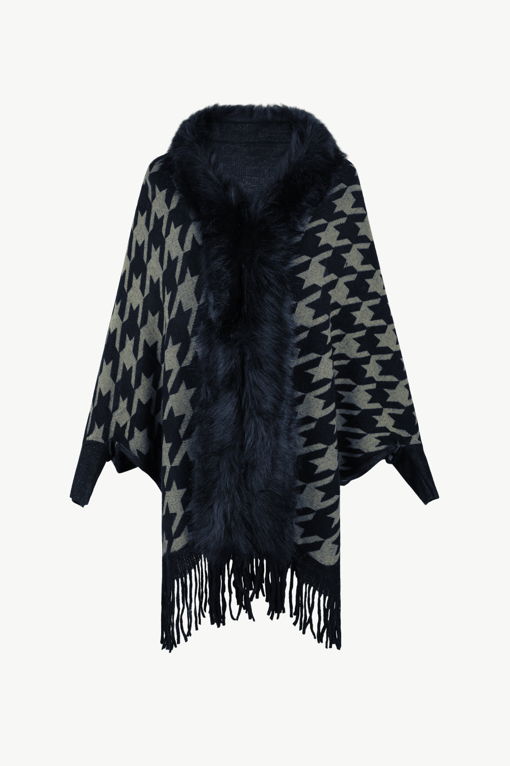 Houndstooth Fringe Hem Poncho - Black / One Size