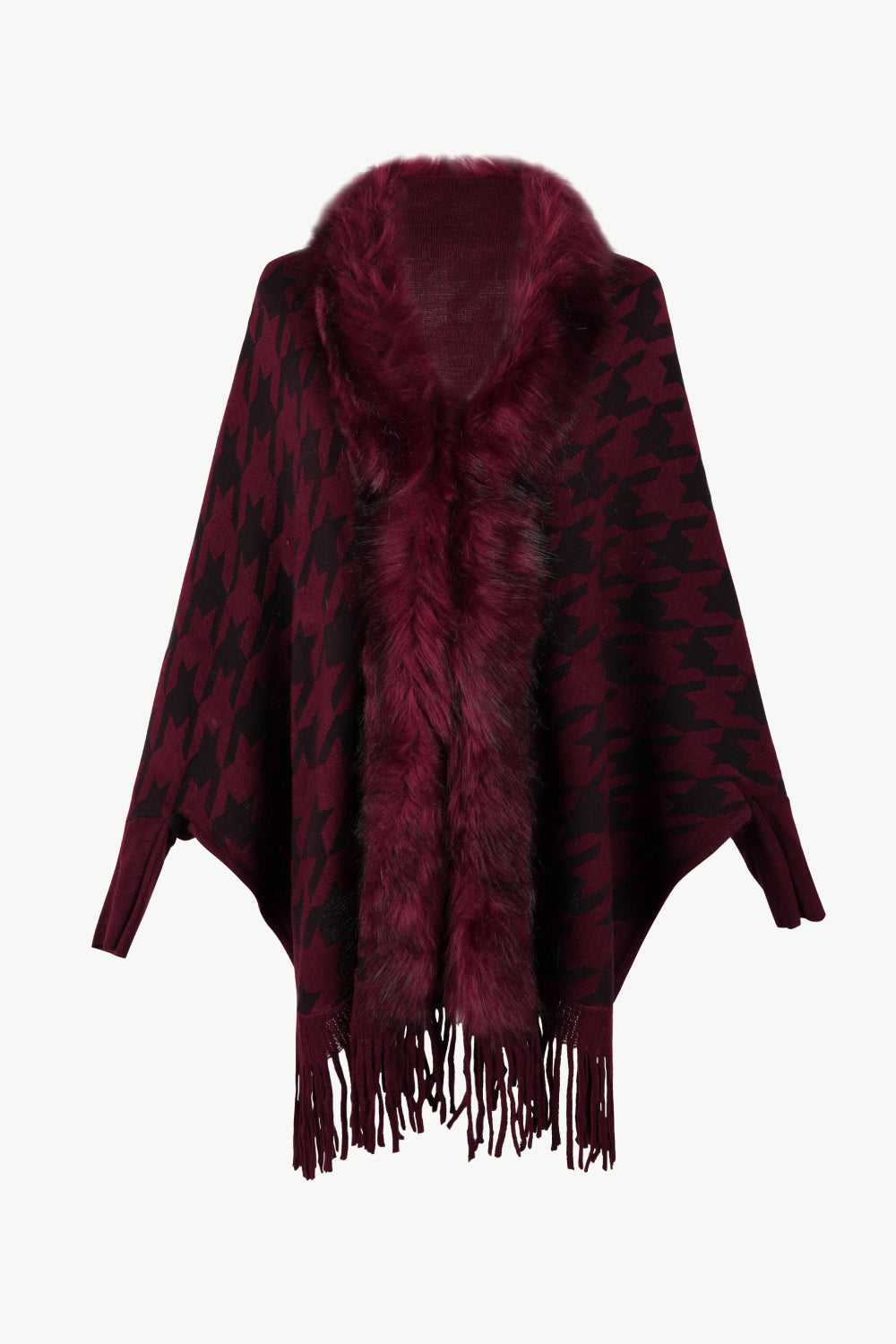 Houndstooth Fringe Hem Poncho - Burgundy / One Size