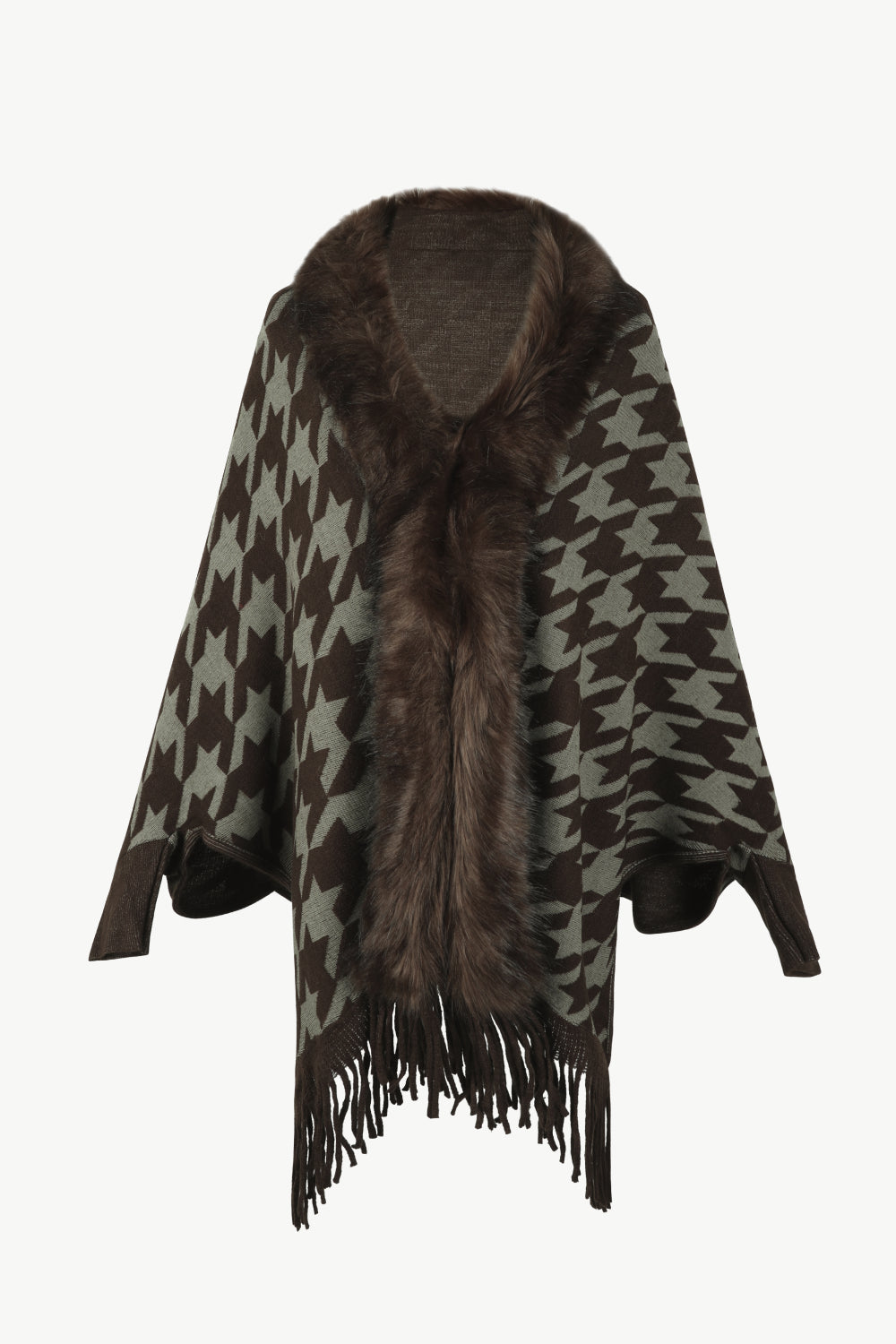 Houndstooth Fringe Hem Poncho - Chocolate / One Size