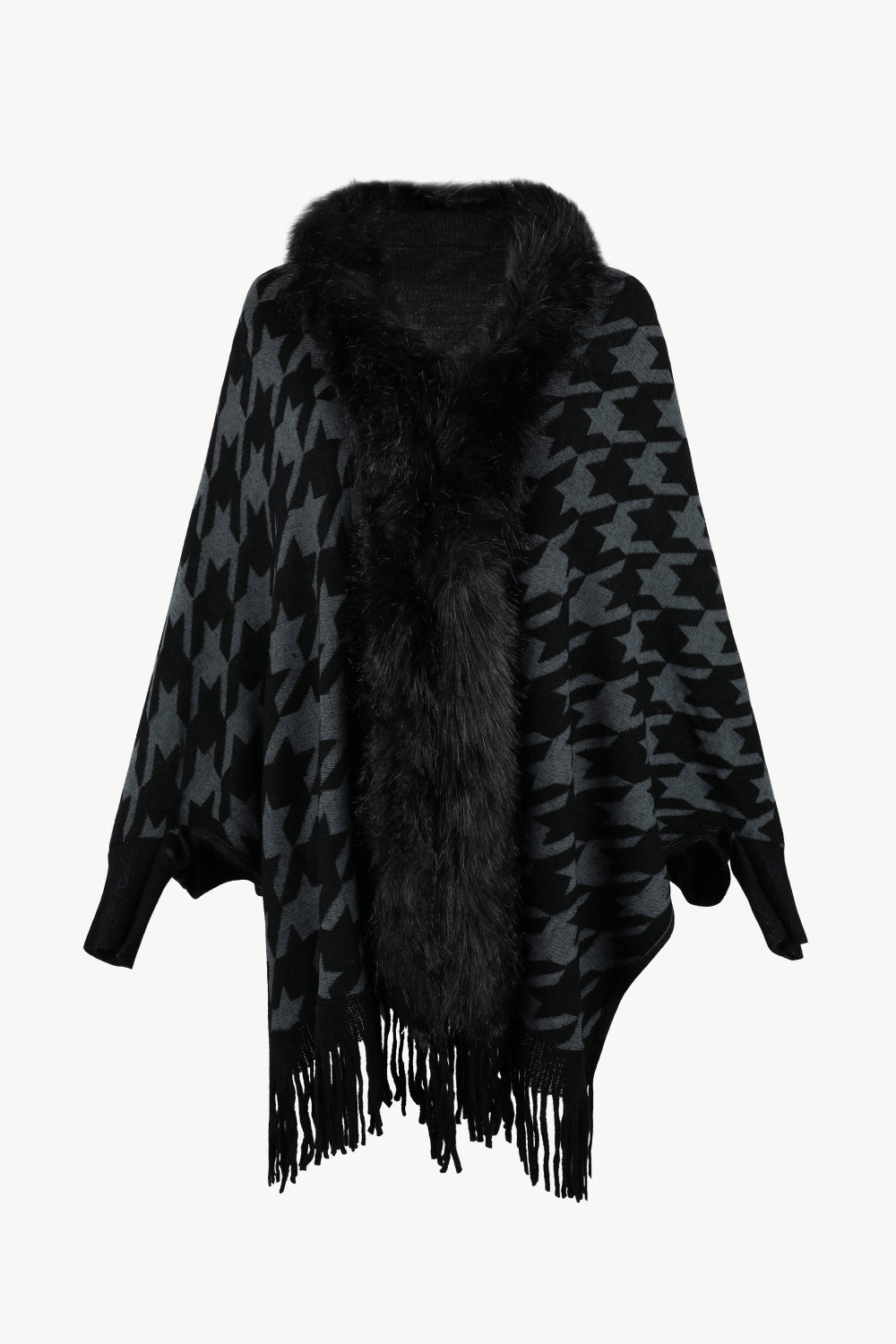 Houndstooth Fringe Hem Poncho - Dark Blue / One Size