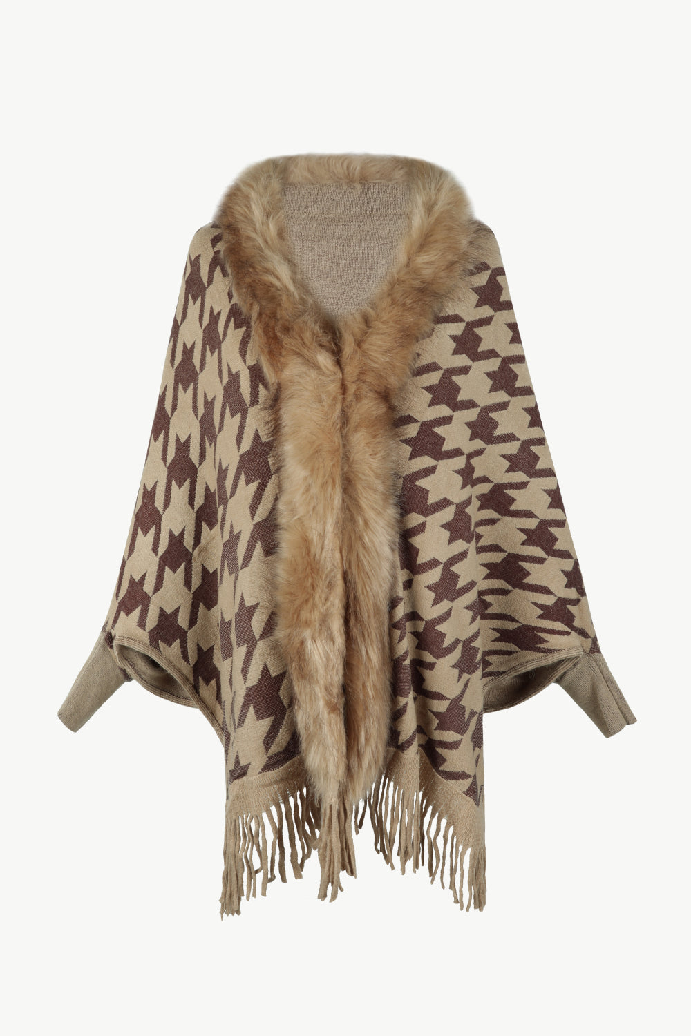 Houndstooth Fringe Hem Poncho - Khaki / One Size
