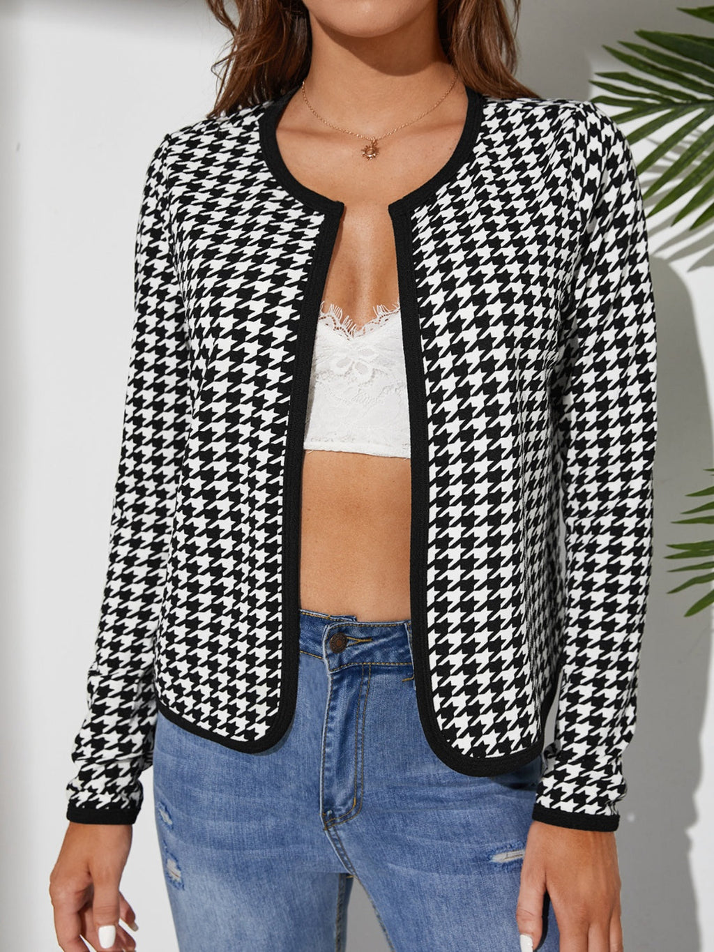 Houndstooth Open Front Long Sleeve Jacket - Black / S