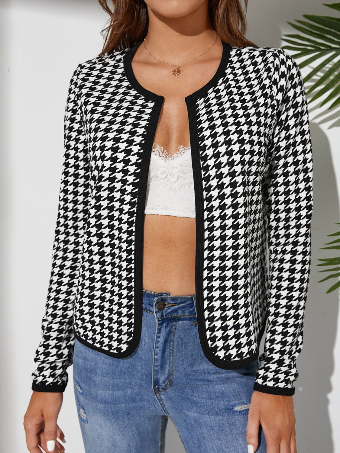 Houndstooth Open Front Long Sleeve Jacket - Black / S