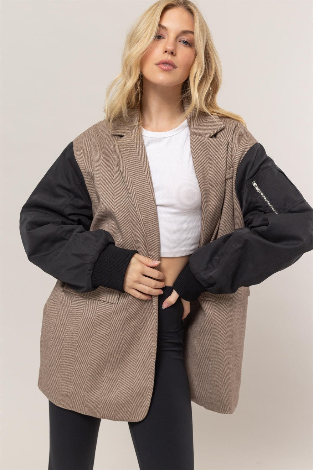 HYFVE Herringbone Mixed Media Contrast Long Sleeve Blazer - Brown / S