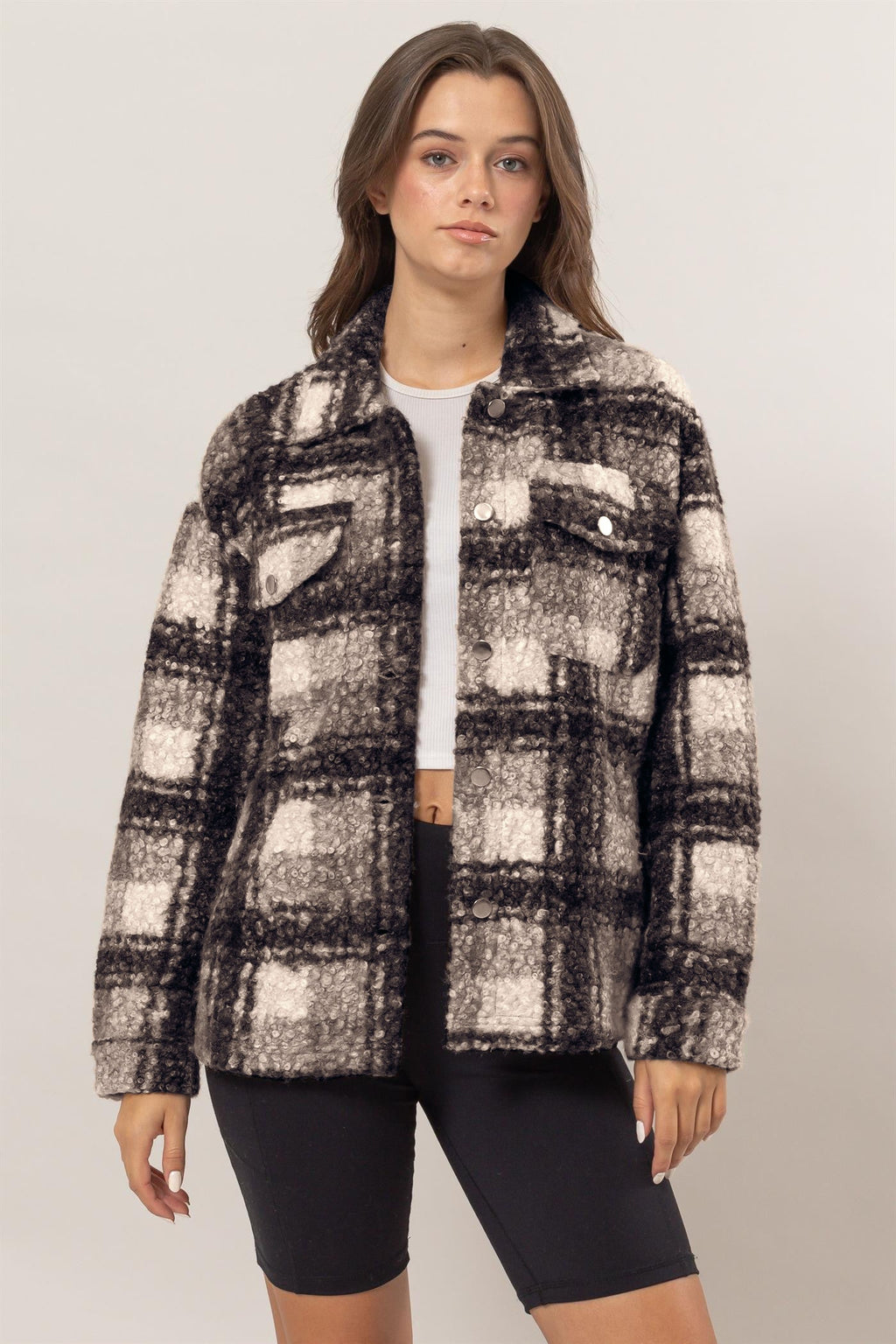 HYFVE Plaid Button Up Boucle Jacket - Black / S
