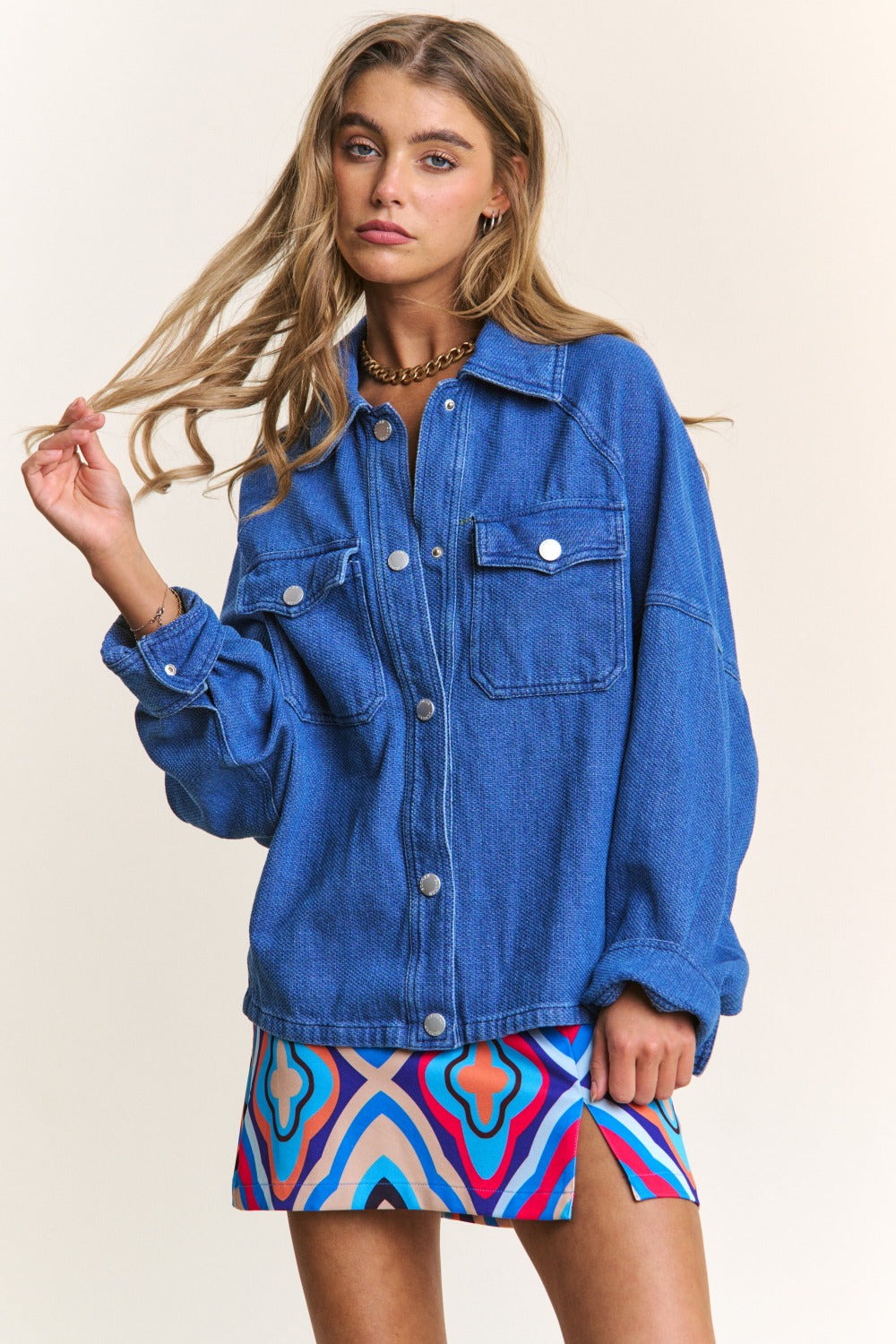 J.NNA Snap Down Long Sleeve Denim Shacket - Dark Denim / S