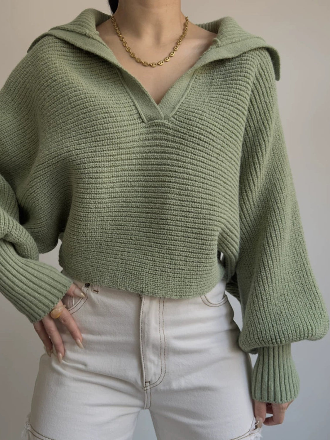 Johnny Collar Long Sleeve Sweater - Army Green / S