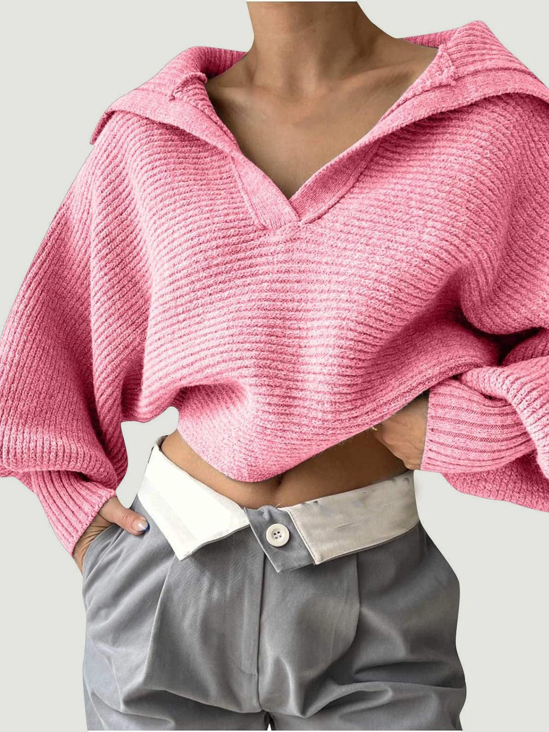 Johnny Collar Long Sleeve Sweater - Pink / S