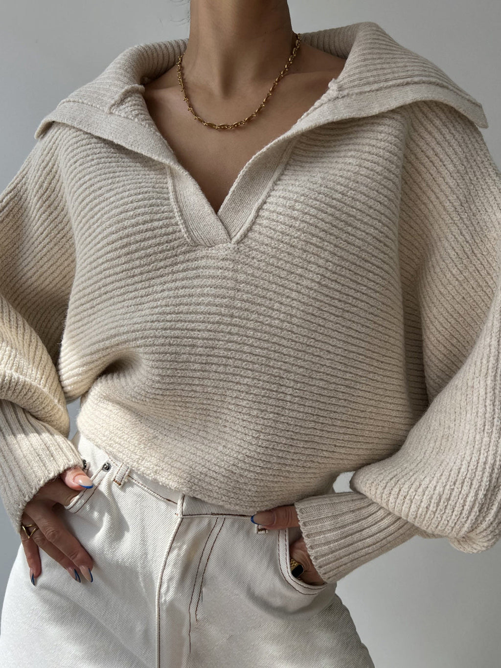 Johnny Collar Long Sleeve Sweater - Tan / S