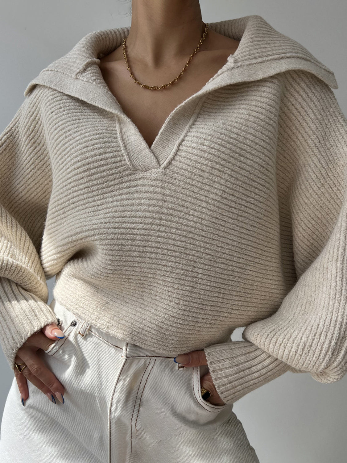 Johnny Collar Long Sleeve Sweater - Tan / S