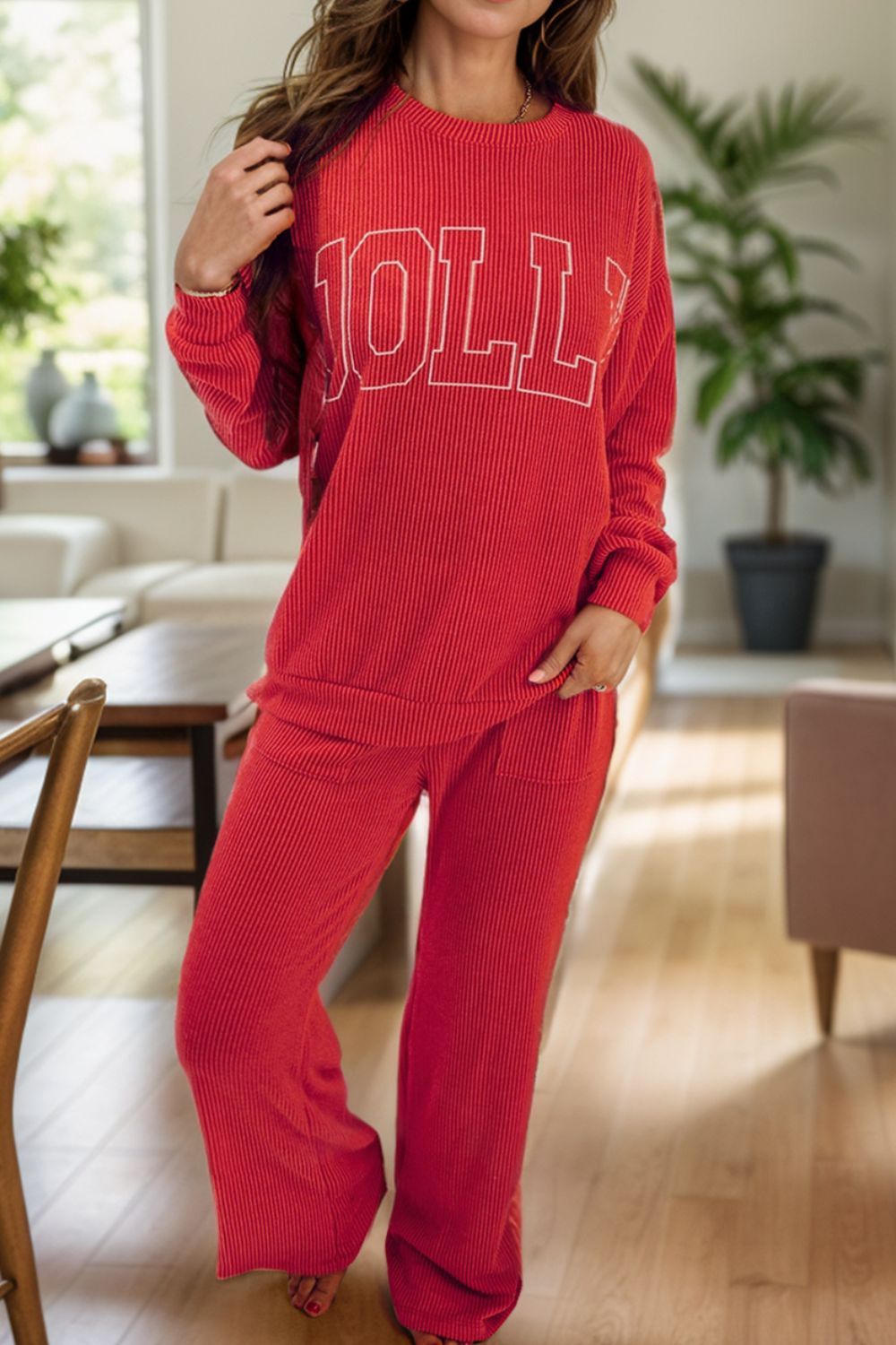 JOLLY Round Neck Long Sleeve Top and Pants Lounge Set - Deep Red / S