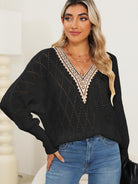 Lace Detail V-Neck Long Sleeve Sweater - Black / S