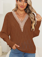 Lace Detail V-Neck Long Sleeve Sweater - Brown / S