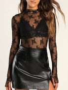 Lace Mock Neck Long Sleeve Blouse - Black / S