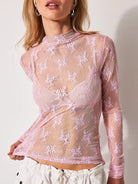 Lace Mock Neck Long Sleeve Blouse - Blush Pink / S