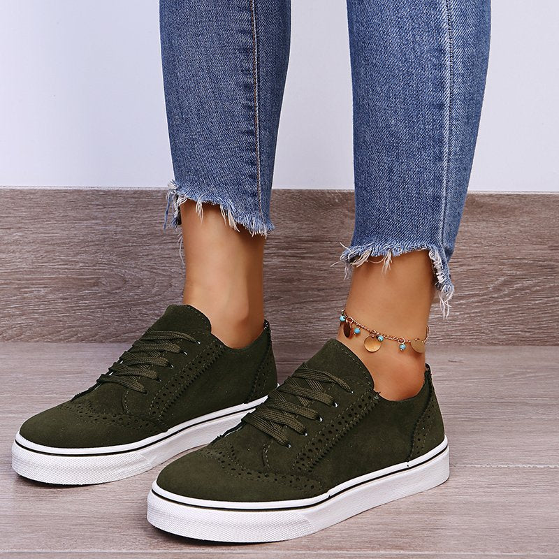 Lace-Up Suedette Flat Sneakers - Army Green / 35(US4)