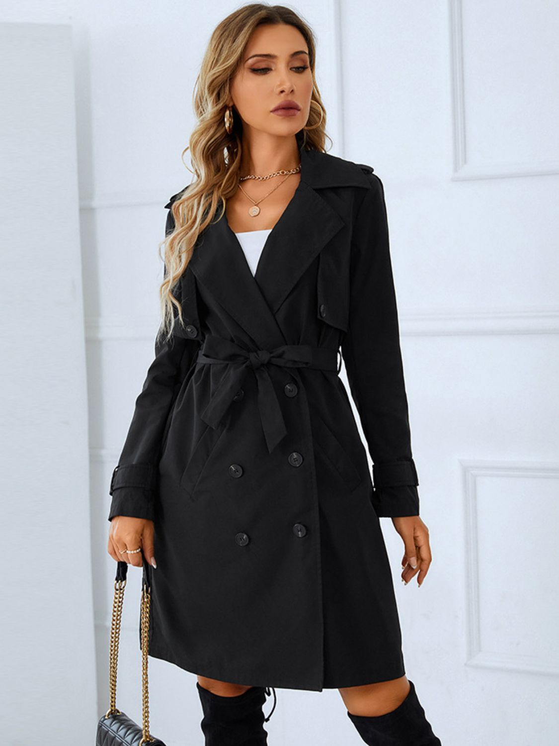 Lapel Collar Tie Belt Double-Breasted Trench Coat - Black / S