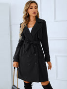 Lapel Collar Tie Belt Double-Breasted Trench Coat - Black / S