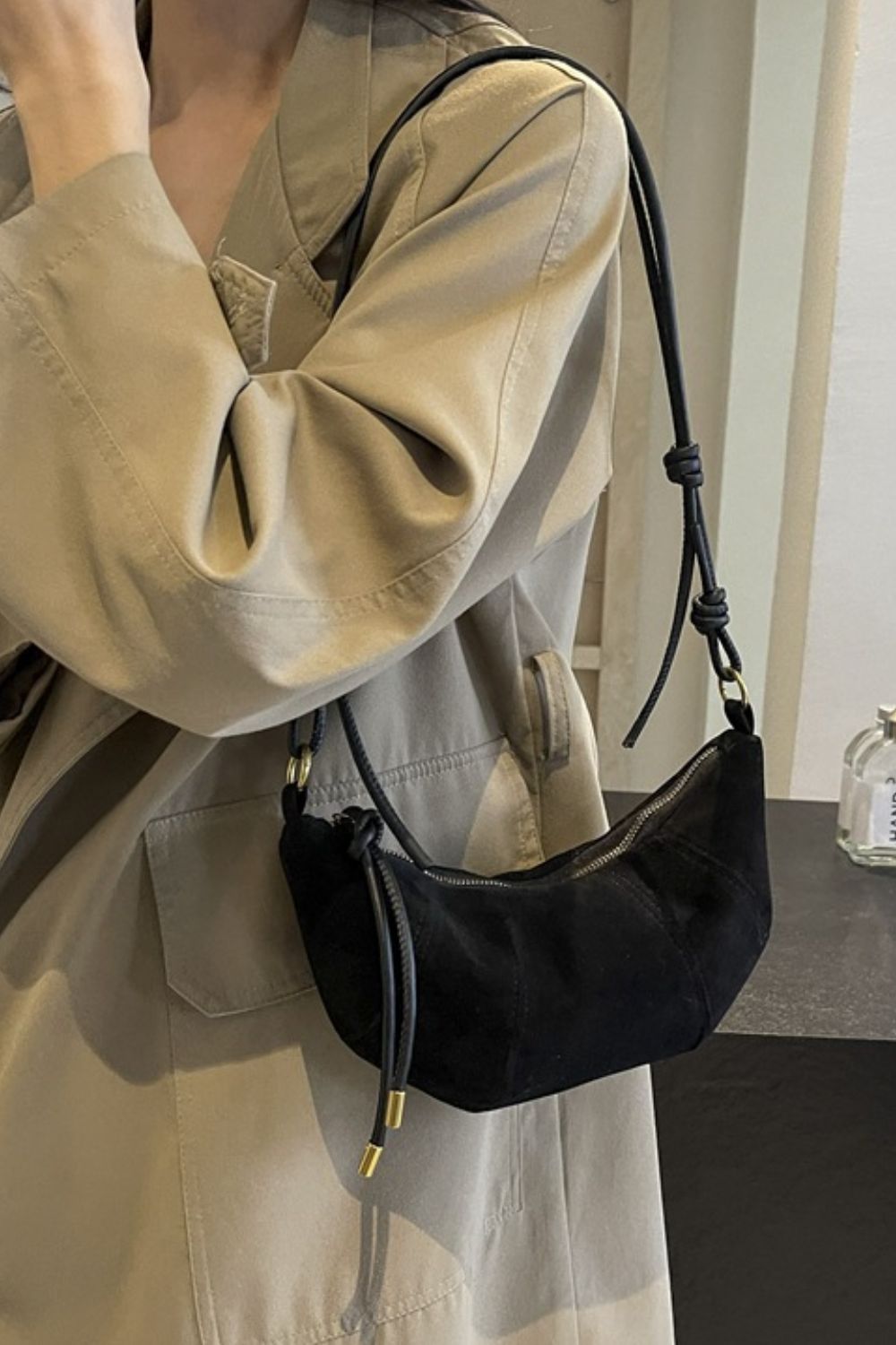 Leather Strap Suede Shoulder Bag