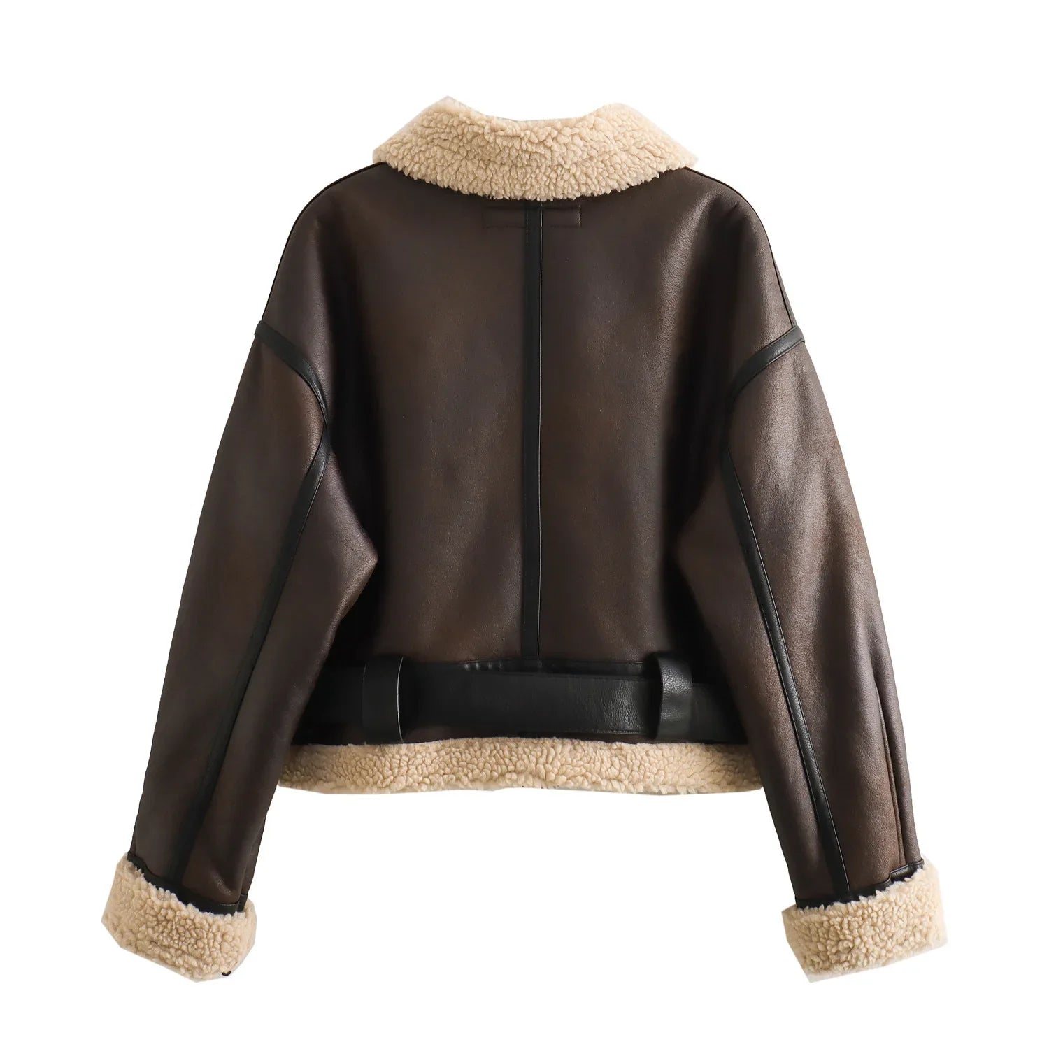 Leather & Suede Warm Zipped Belted Outwear Coat