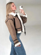 Leather & Suede Warm Zipped Belted Outwear Coat