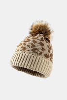 Leopard Pom-Pom Cuffed Beanie - Beige / One Size