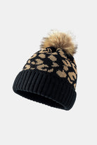 Leopard Pom-Pom Cuffed Beanie - Black / One Size