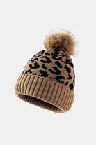 Leopard Pom-Pom Cuffed Beanie - Khaki / One Size