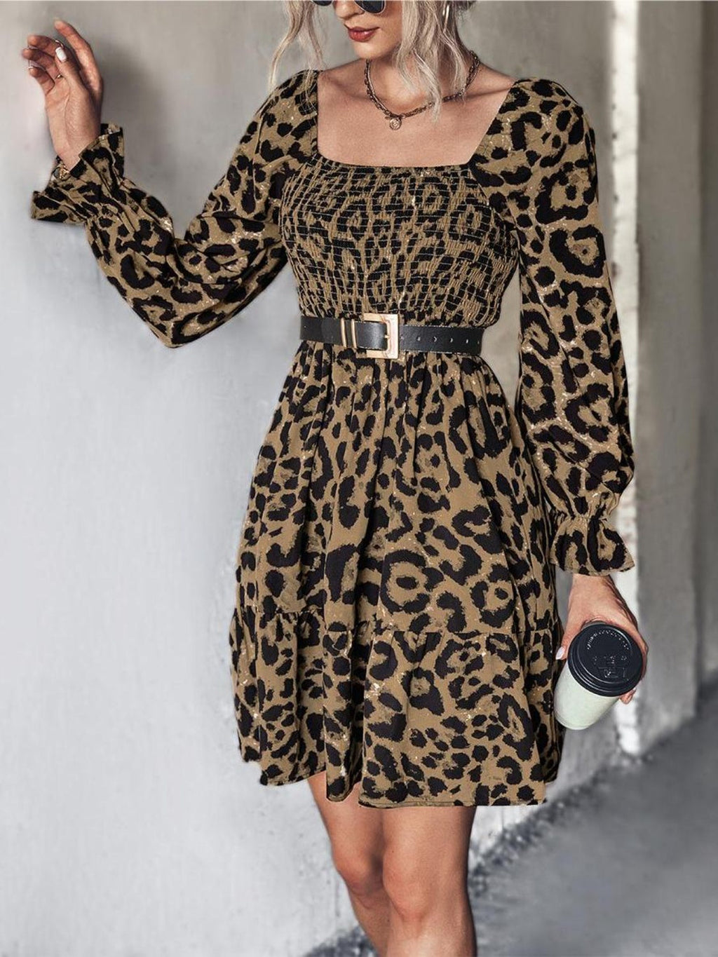 Leopard Smocked Flounce Sleeve Mini Dress - Olive Brown / S