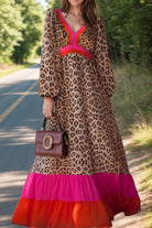 Leopard V-Neck Long Sleeve Maxi Dress - Leopard / S