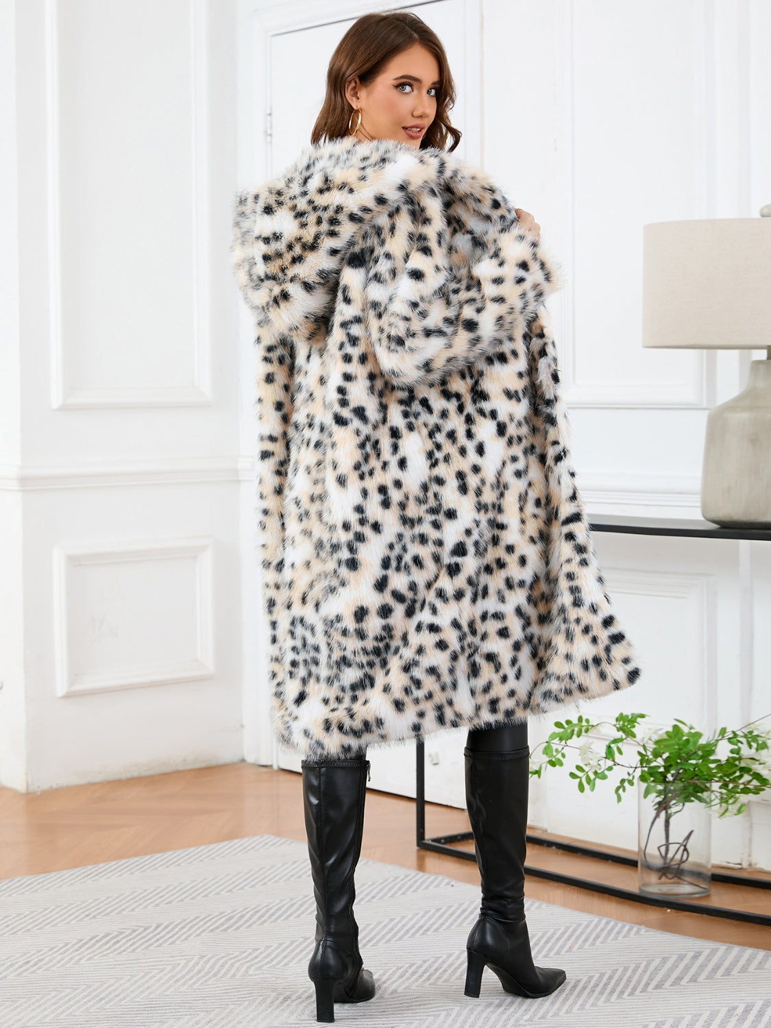 Long Leopard Print Fur Coat w Hood & Pockets