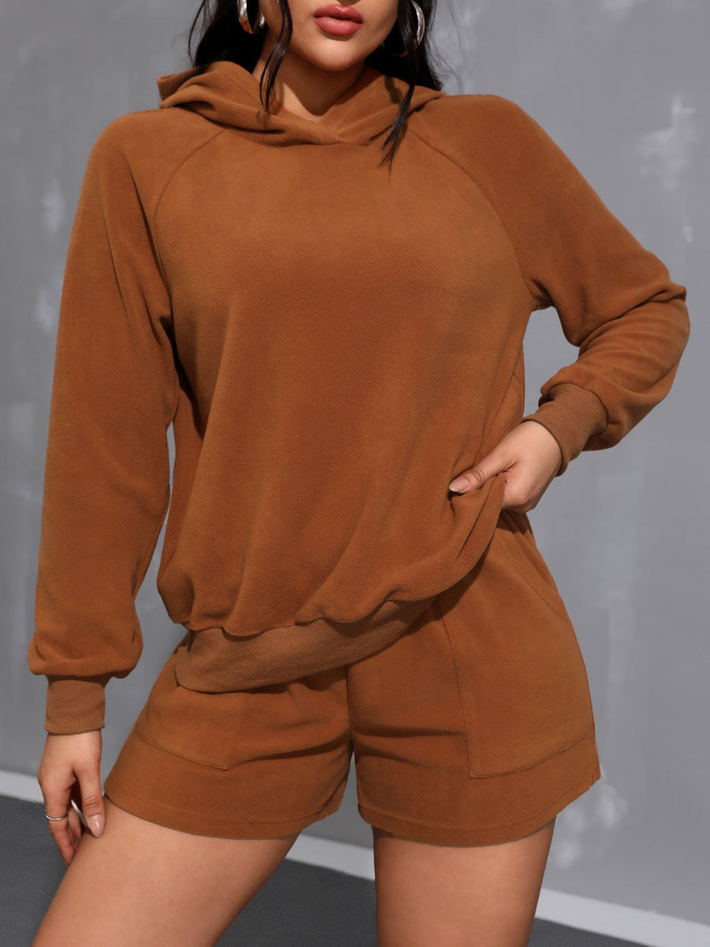 Long Sleeve Hoodie and Pocketed Shorts Set - Caramel / S