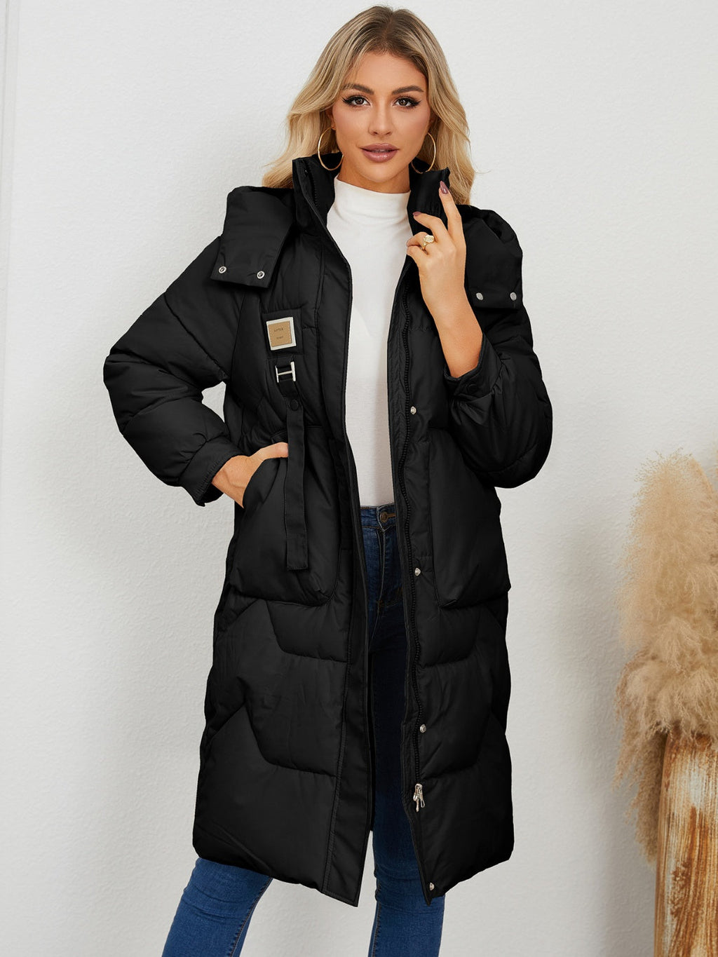 Long Sleeve Longline Hooded Winter Coat - Black / S