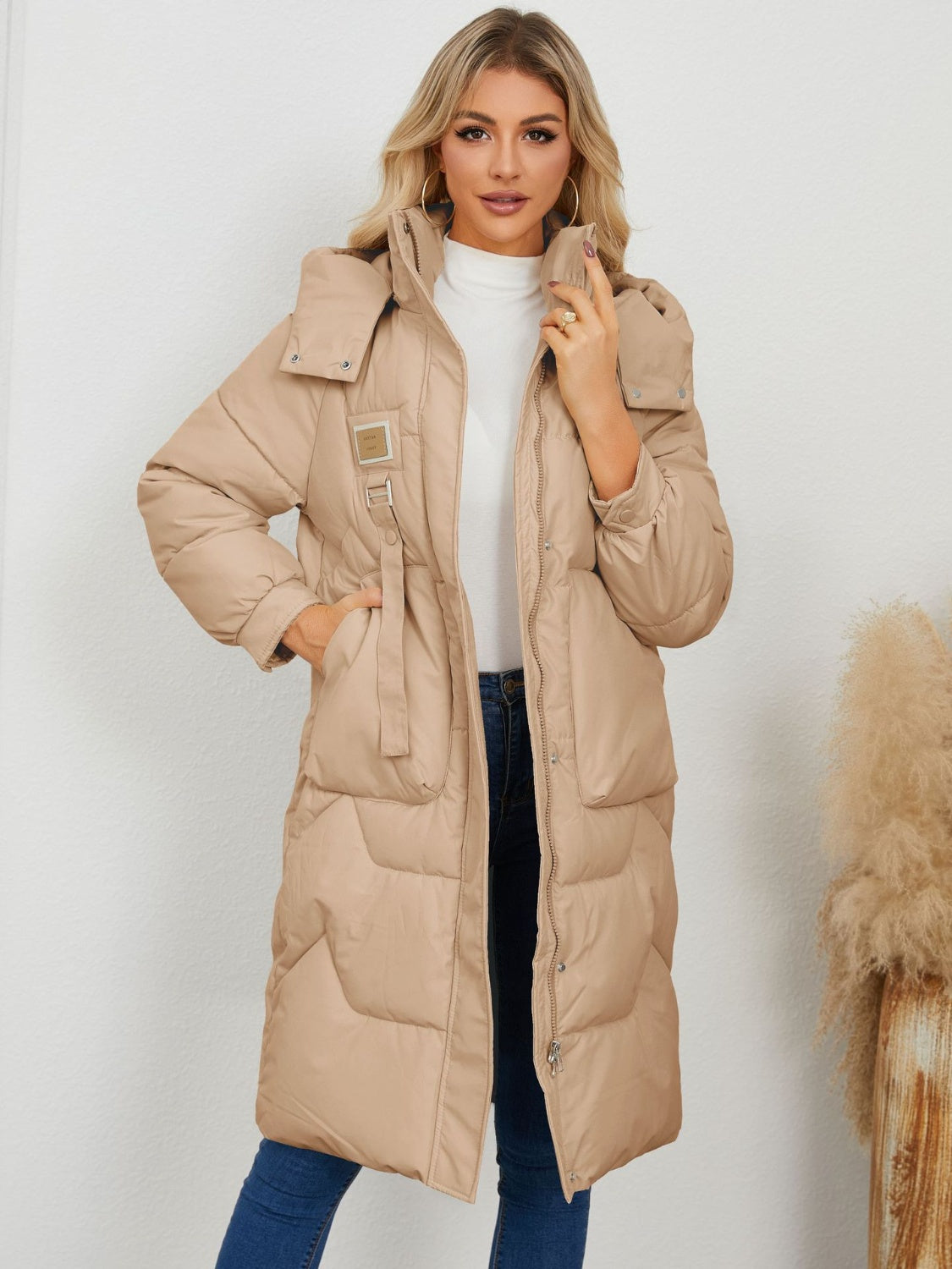 Long Sleeve Longline Hooded Winter Coat - Camel / S
