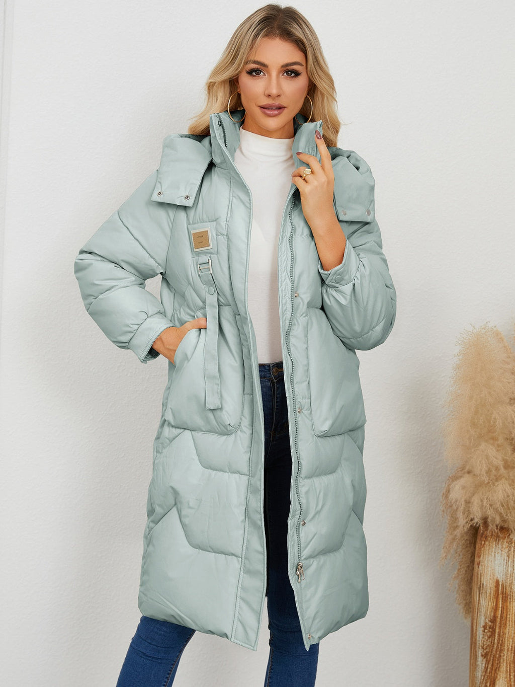 Long Sleeve Longline Hooded Winter Coat - Sage / S