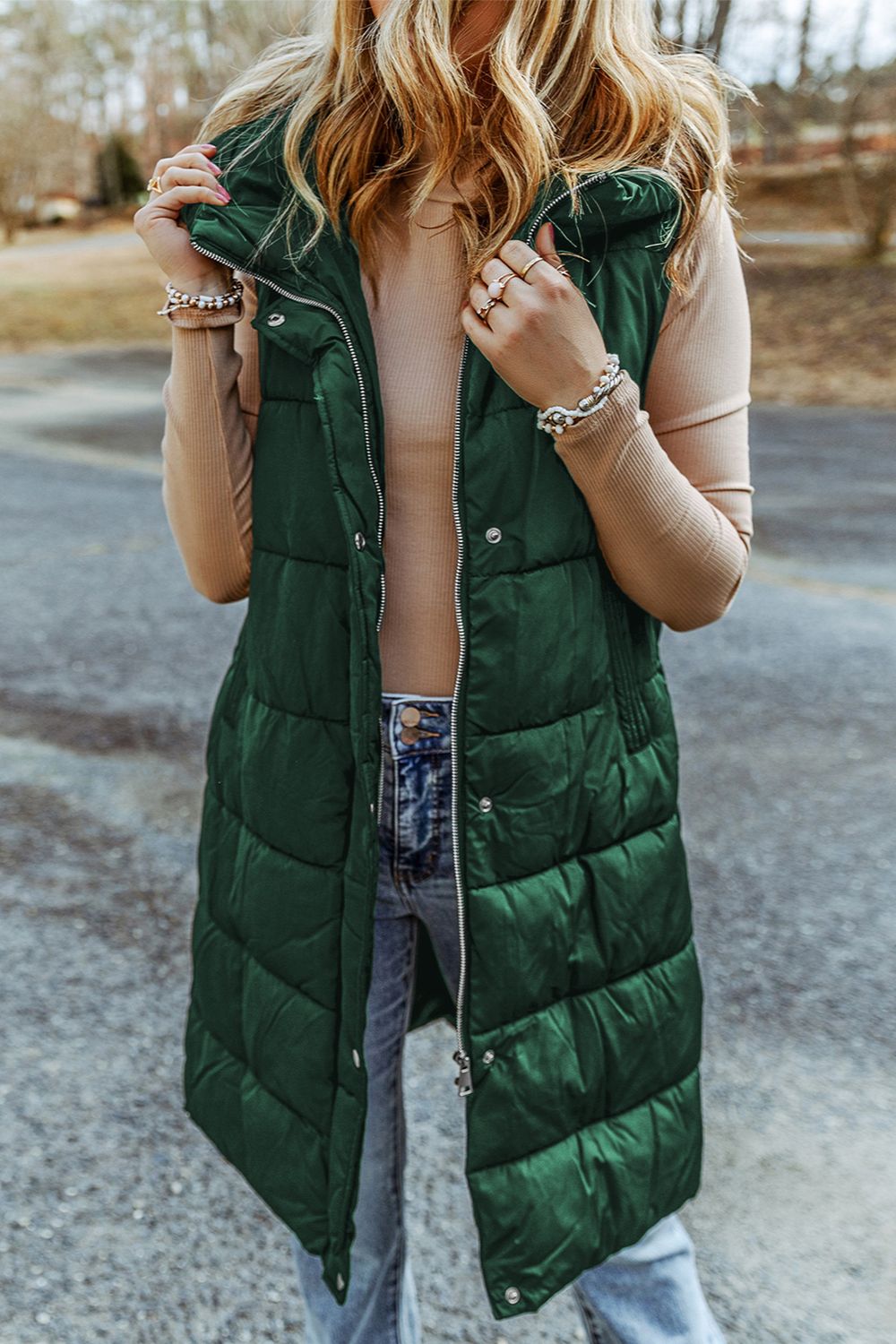 Longline Hooded Sleeveless Puffer Vest - Green / S