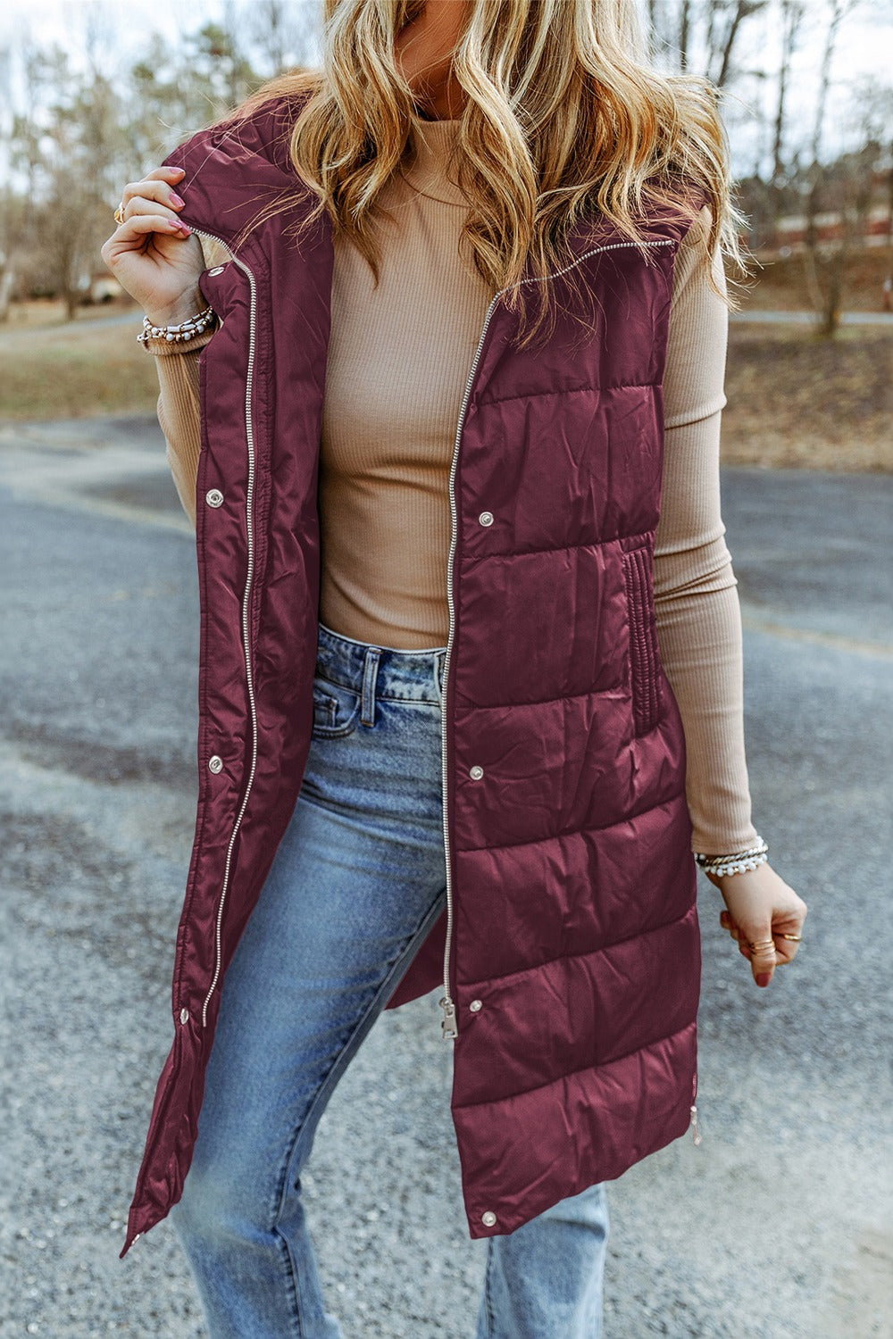 Longline Hooded Sleeveless Puffer Vest - Plum / S