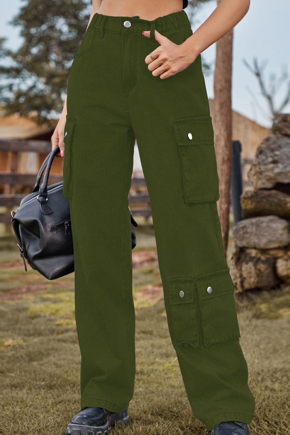 Loose Fit Long Jeans with Pockets - Army Green / S