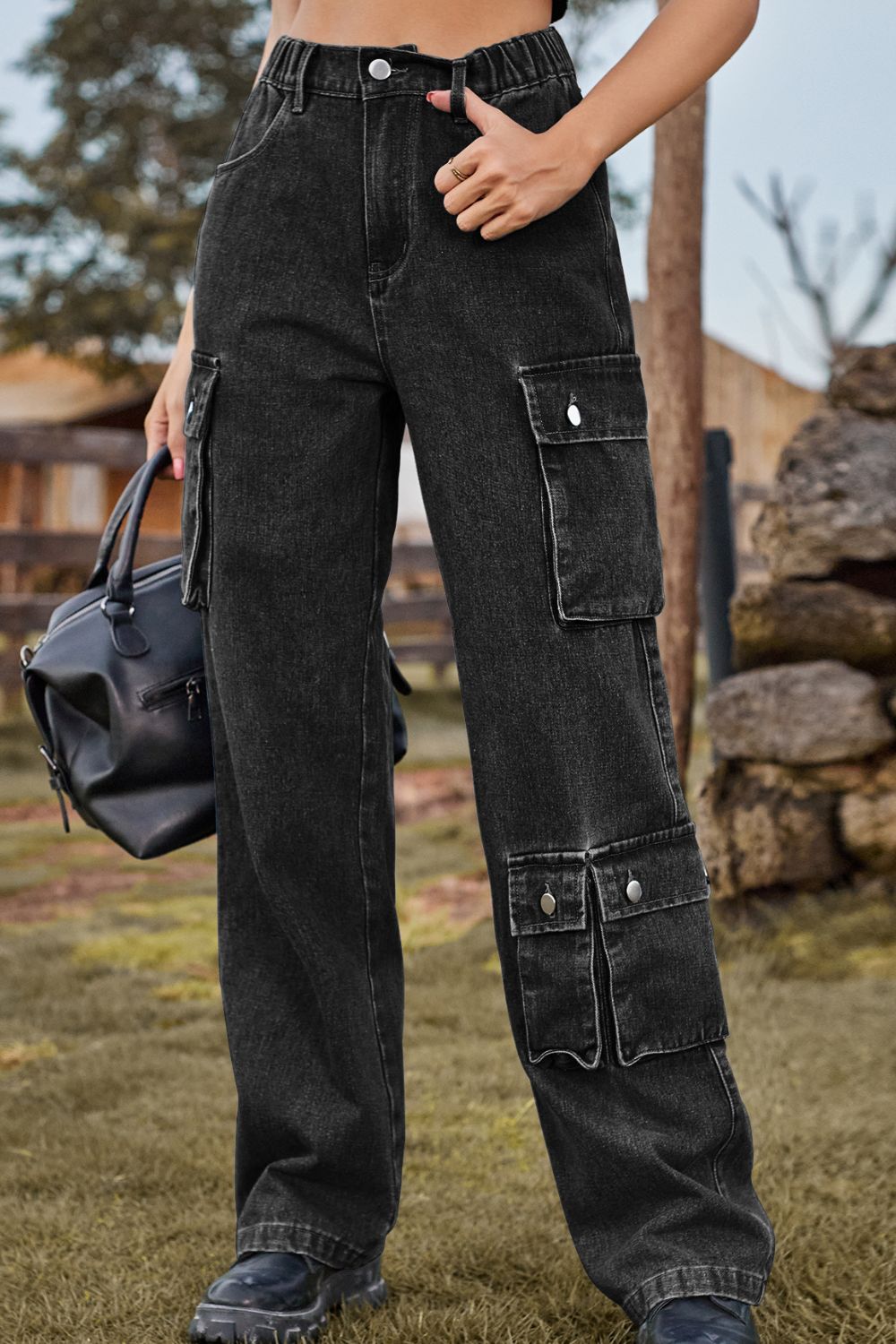 Loose Fit Long Jeans with Pockets - Dark / S