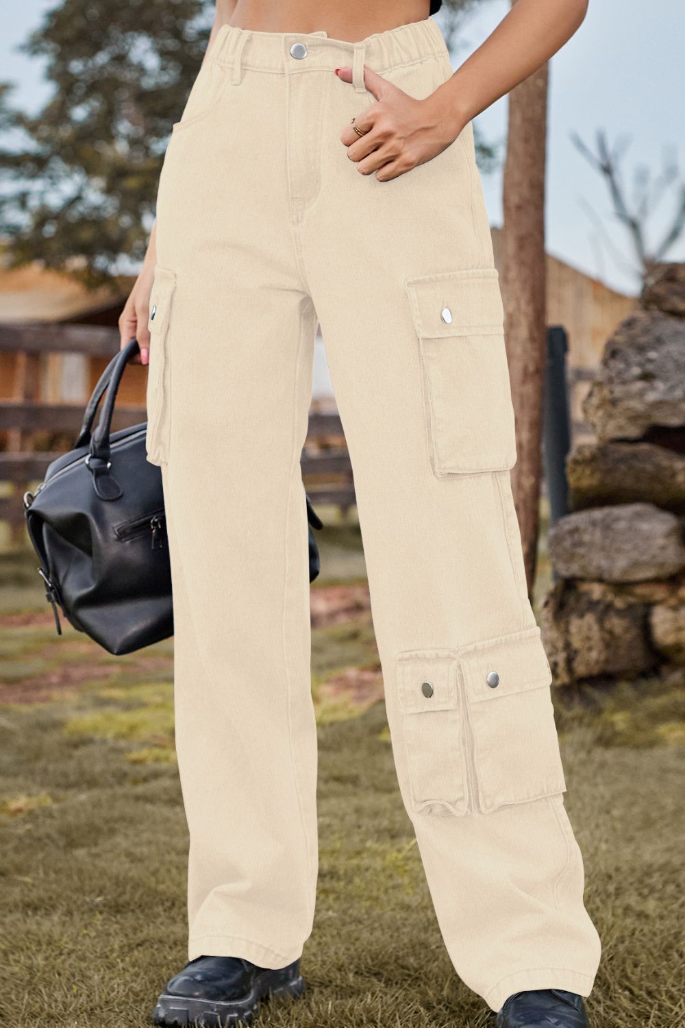 Loose Fit Long Jeans with Pockets - Tan / S