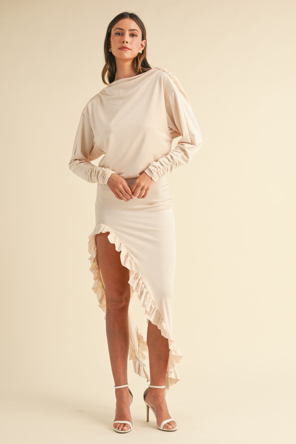 Mable Backless Asymmetric Ruffle Hem Dress - Cream / S