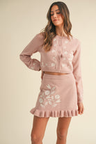 MABLE Floral Embroidered Crop Cardigan and Ruffled Mini Skirt Set - Rose / S