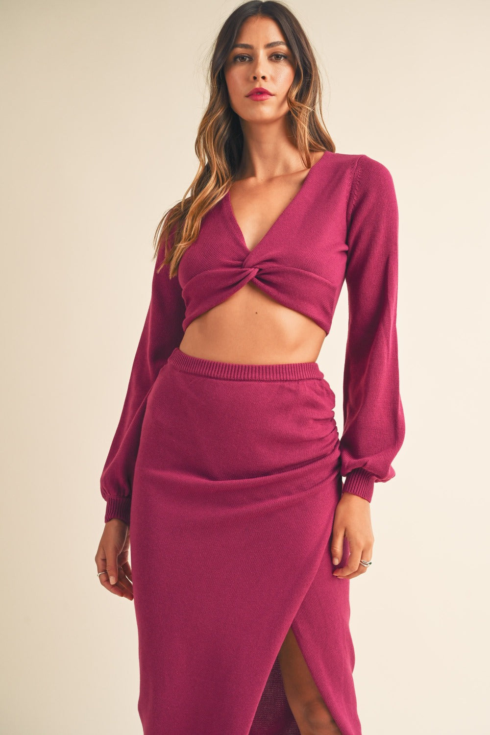 MABLE Front Twisted Knit Top and Midi Skirt Set - Magenta / S
