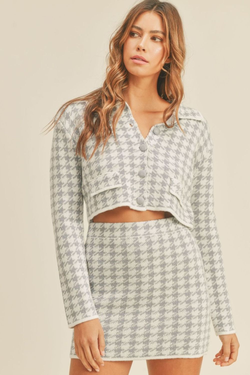 MABLE Houndstooth Cropped Knit Cardigan and Mini Skirt Set - Blue / S