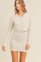 MABLE Houndstooth Cropped Knit Cardigan and Mini Skirt Set - Dusty Pink / S