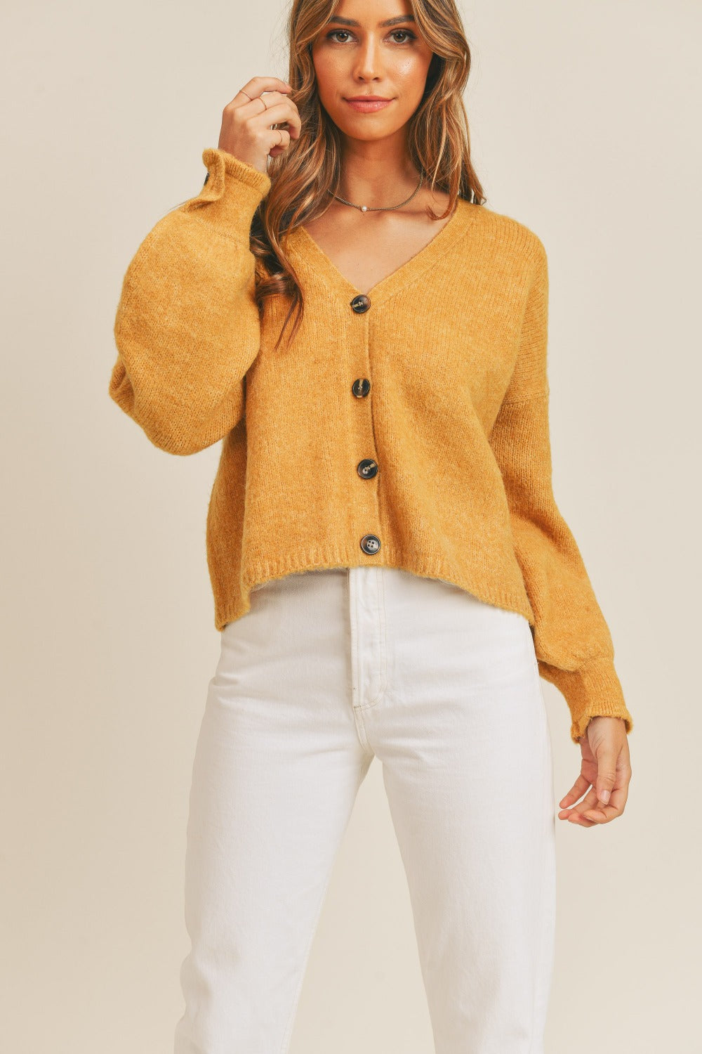 MABLE Long Sleeve Button Down Sweater Cardigan - Mustard / S/M