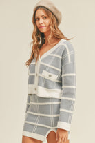 MABLE Plaid Button Down Sweater Cardigan and Mini Skirt Set - Dusty Blue / S