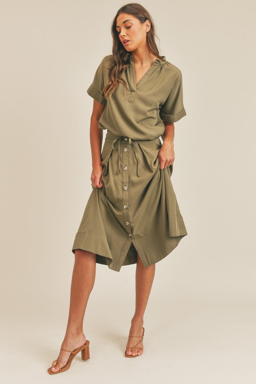 MABLE Short Sleeve Top and Button Down Midi Skirt Set - Olive / S