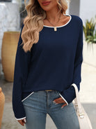 Mandy Contrast Trim Round Neck Long Sleeve Sweater - Dark Navy / S